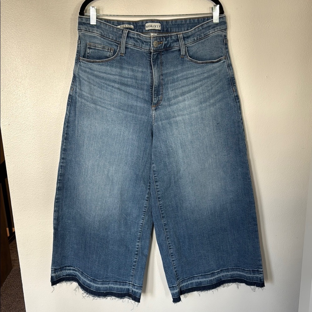 Ava & Viv Blue Flare Wide Leg Jeans with Frayed Hem